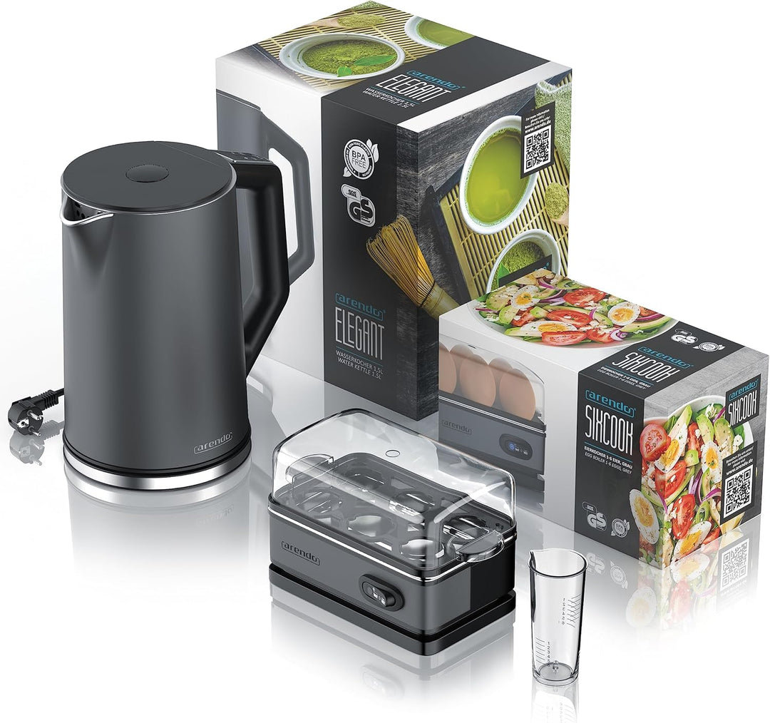 Arendo - SET Wasserkocher ELEGANT mit Eierkocher THREECOOK Edelstahl Cool Grey, Wasserkocher 1,5L 40