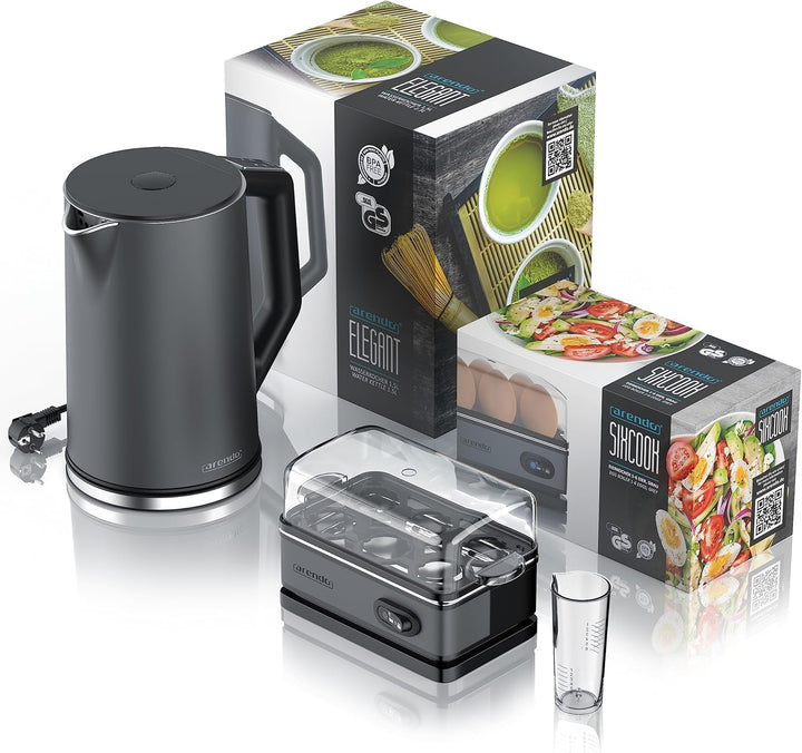 Arendo - SET Wasserkocher ELEGANT mit Eierkocher THREECOOK Edelstahl Cool Grey, Wasserkocher 1,5L 40
