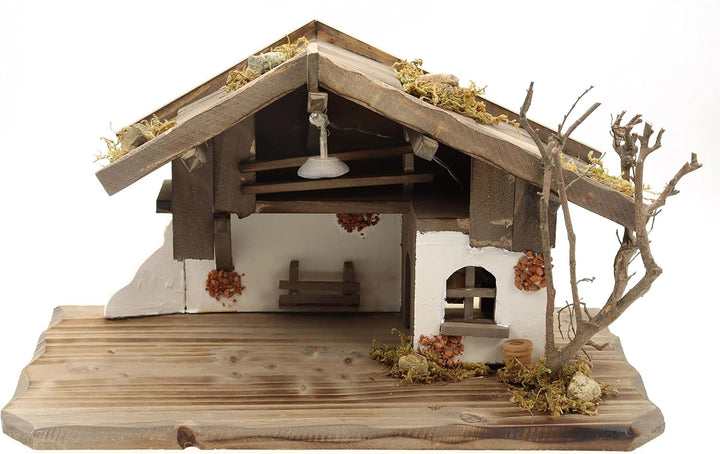 ELLUG Holz Krippenstall, Weihnachtskrippe mit Licht 38 * 18 * 21cm (OHNE Krippenfiguren) aus Holz, f