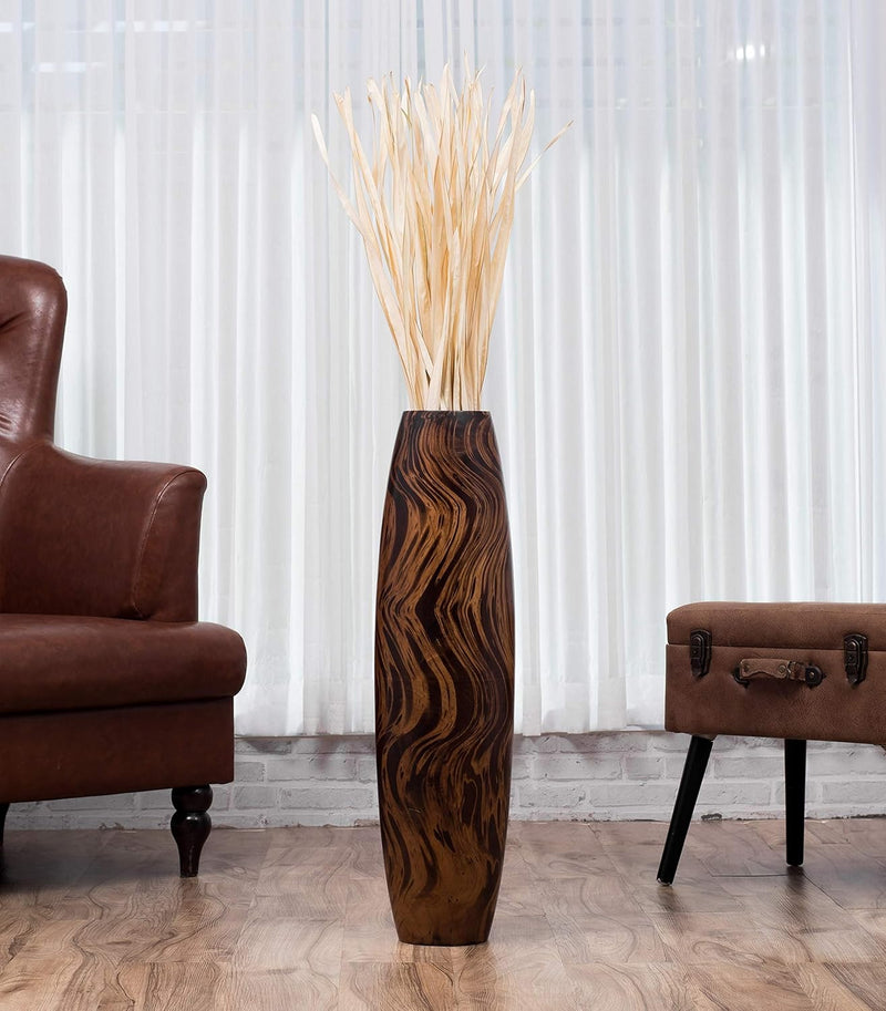 Leewadee Grosse Bodenvase für Dekozweige hohe Standvase Design Holzvase, Holz, 70 cm, Braun Hellbrau