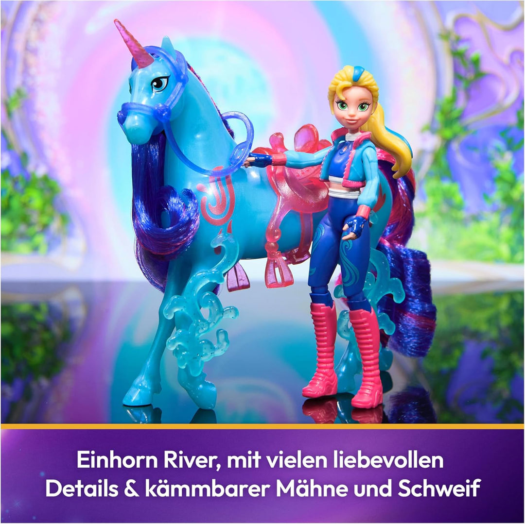 Unicorn Academy Set - Isabel und Einhorn River mit echter Mähne und Schweif sowie Bürste, ca. 12 cm