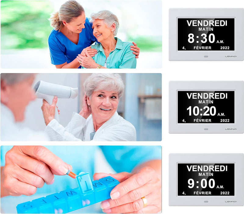 LEMNOI 7 Zoll LCD-Digitaluhr, Kalender mit Datum und Uhrzeit, Nicht abgekürzte, automatische Dimmung