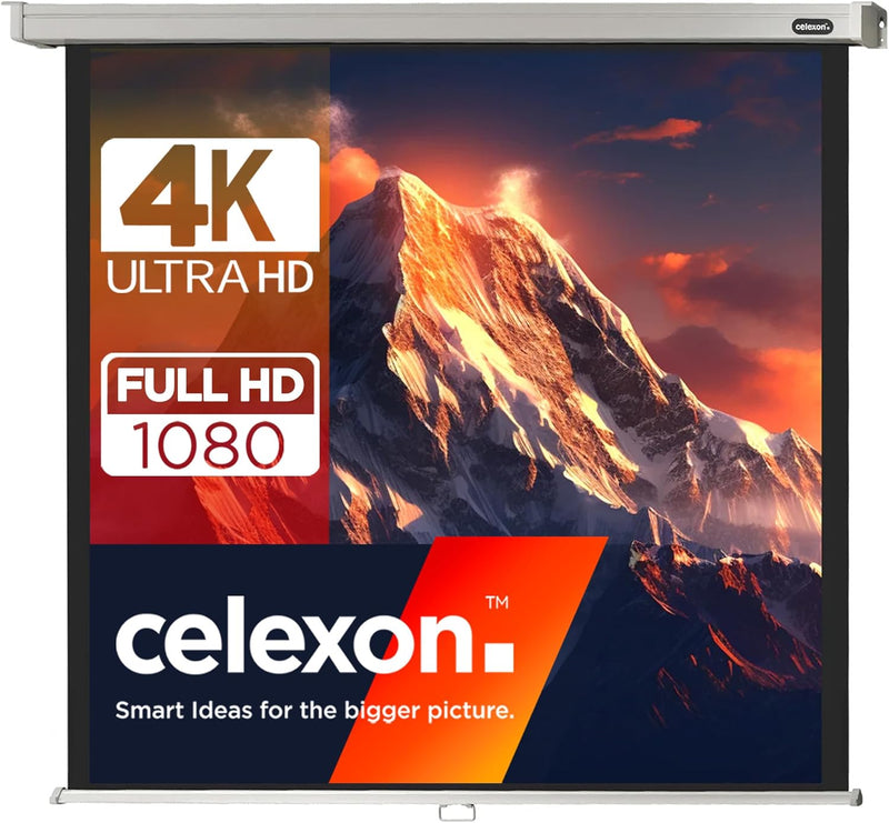 celexon manuell ausziehbare Heimkino- und Business-Beamer-Leinwand 4K und Full-HD Rollo-Leinwand Pro