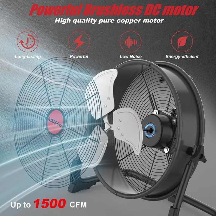 Akku Bodenventilator kompatibel mit Milwaukee 18V Akku, 12 Zoll Kabelloser Ventilator Leise, Netztei