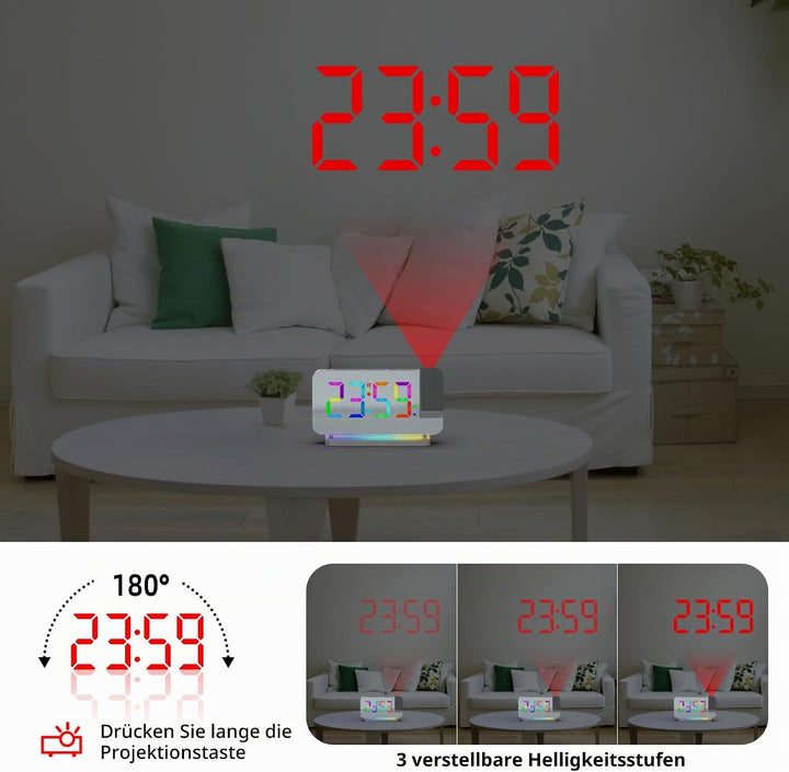 Lancoon Digitaler Wecker mit 180° Projektion Funkuhr 11 RGB Farbdisplay 10 Farben Nachtlicht 15 Stuf
