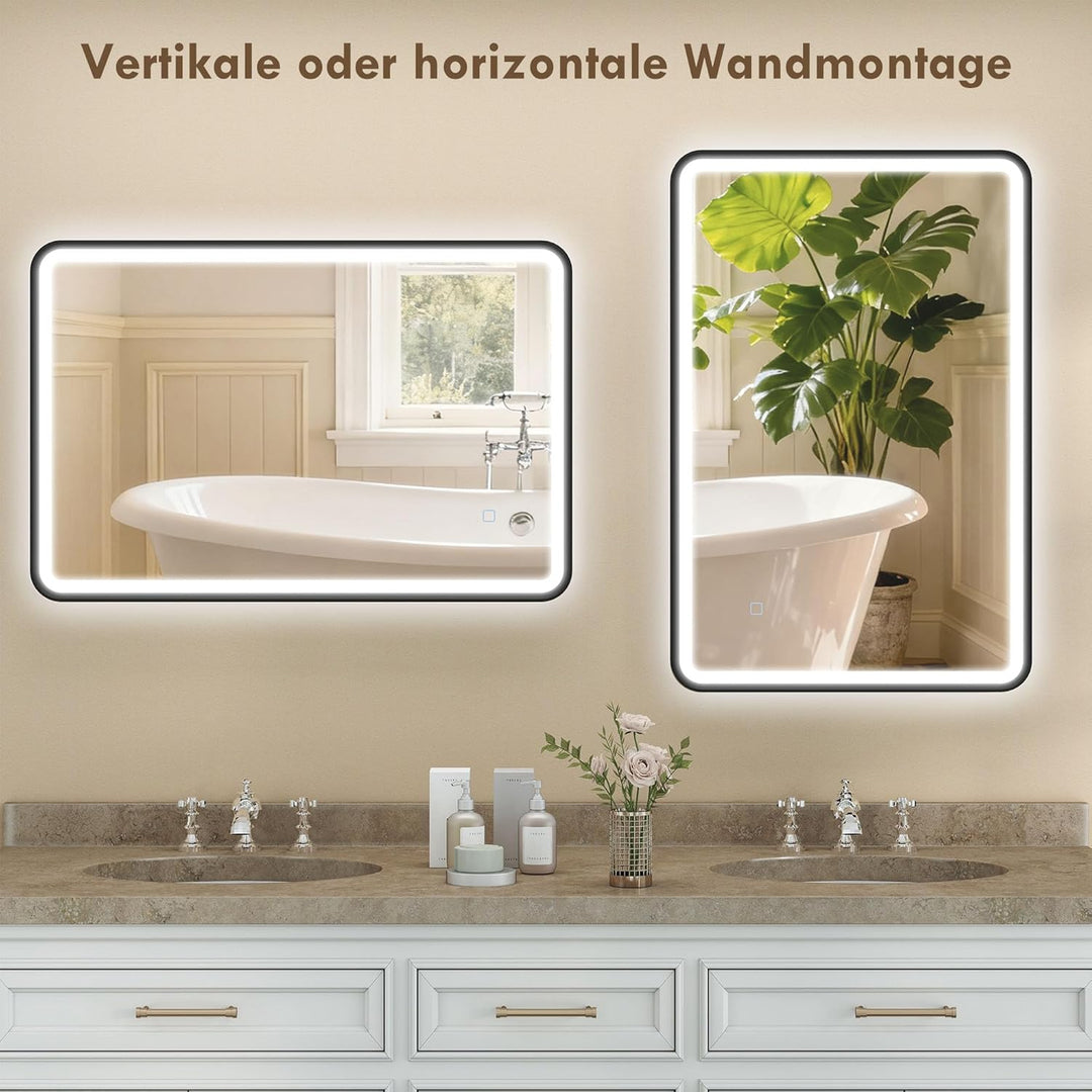 HOMCOM Badspiegel mit Beleuchtung 90x60 cm LED Spiegel mit 3 Lichtfarben Dimmbar, Hintergrundbeleuch