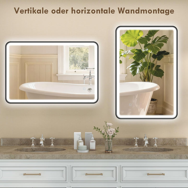 HOMCOM Badspiegel mit Beleuchtung 90x60 cm LED Spiegel mit 3 Lichtfarben Dimmbar, Hintergrundbeleuch