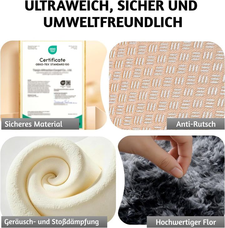 Teppich Rund Kinderzimmer 100 cm Dunkelgrau Schlafzimmer Hochflor-Teppich Waschbarer Buro Weicher Fl
