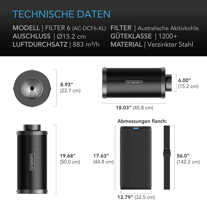 AC Infinity Luftkohlefilter XL, 15.2 cm, mit hochwertiger australischer Virgin Kohle, Vorfilter und