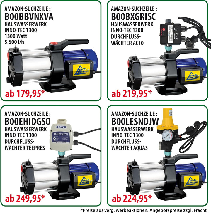 HAUSWASSERWERK HAUSWASSERAUTOMAT LEISE KREISELPUMPE PUMPE AQUA INNO-TEC 1300Watt mit DURCHFLUSSWÄCHE