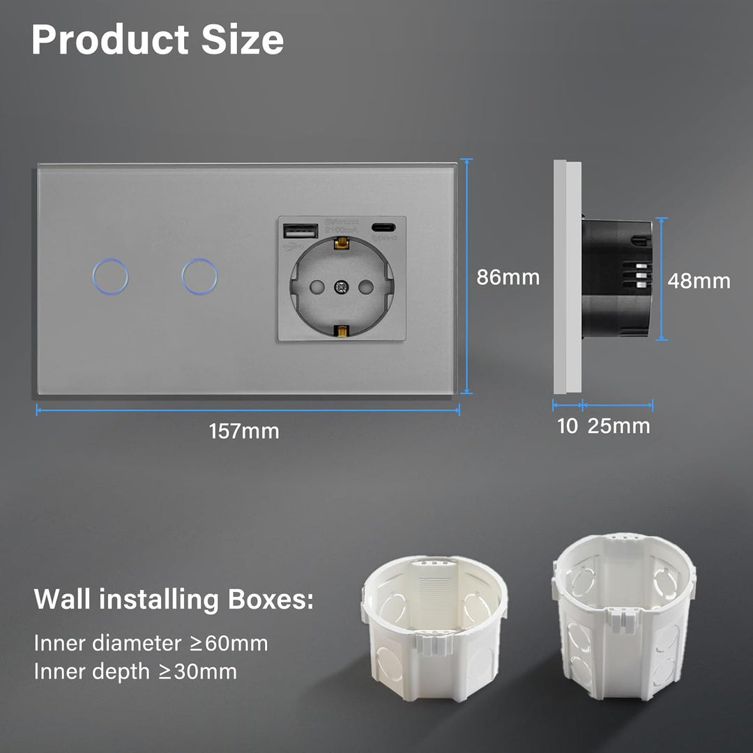 BSEED Schuko Lichtschalter mit Steckdose Unterputz 2 Fach 1 Weg Lichtschalter + 3 in 1 Steckdose mit