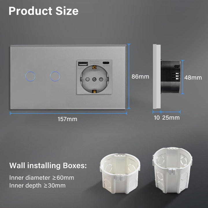 BSEED Schuko Lichtschalter mit Steckdose Unterputz 2 Fach 1 Weg Lichtschalter + 3 in 1 Steckdose mit