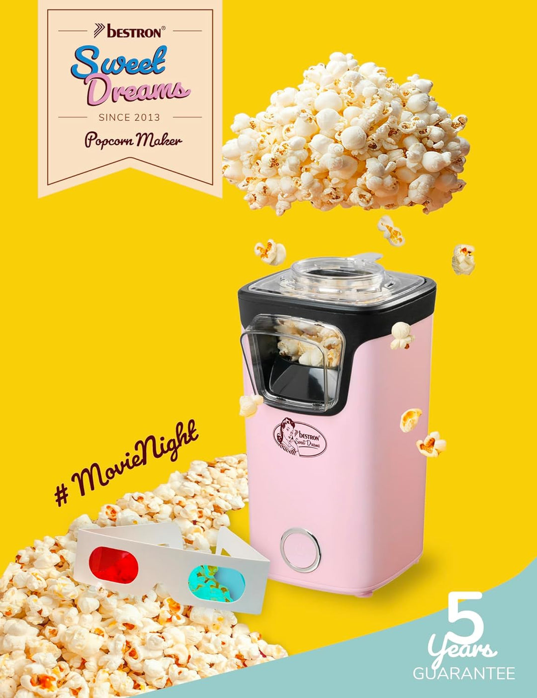 Bestron Popcornmaker, Turbo-Popcorn in unter 2 Minuten, Popcornmaschine mit Heisslufttechnologie, in
