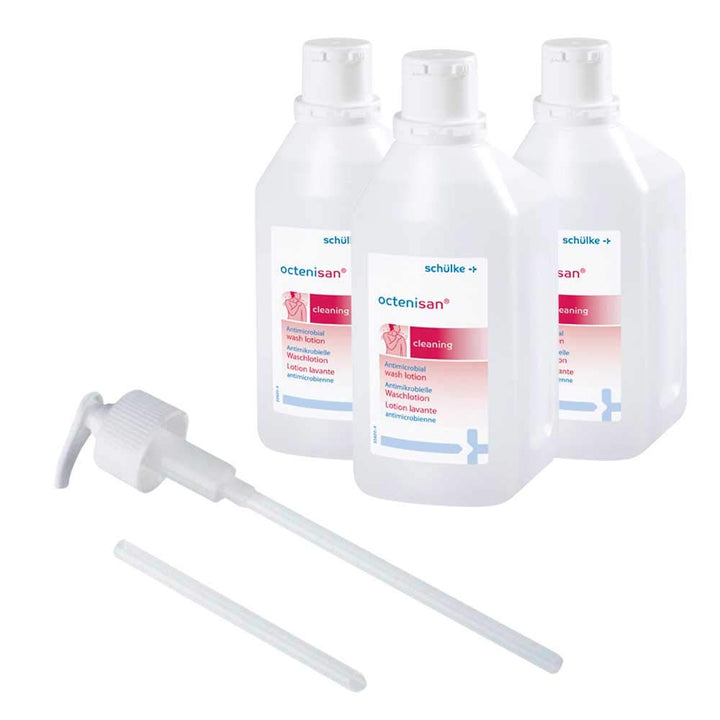 3x 1000 ml Schülke Octenisan® Waschlotion Reinigungslotion Flüssigseife, mit Allantoin, Dosierpumpe