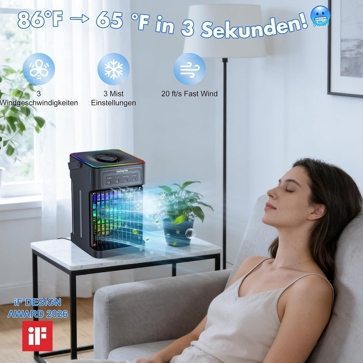 Klimaanlage Mobil, 4-in-1 Mobile Klimaanlage, Ventilator mit Wasserkühlung 1100ml Wassertank, Air Co