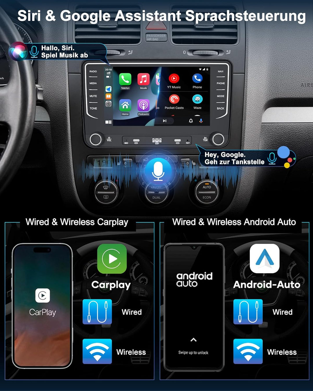 Autoradio mit Bildschirm Bluetooth 2+64GB für VW Golf 5 6 Polo T5 Passat Touran Seat Skoda, 2Din Aut