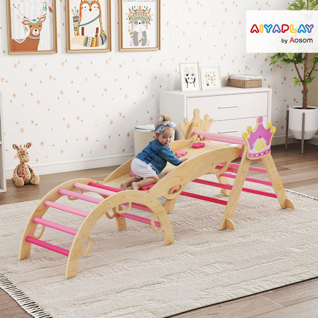 AIYAPLAY 8-in-1 Montessori Klettergerüst Indoor Holz Kletterdreieck mit Kletterbogen, Rutsche, Krone