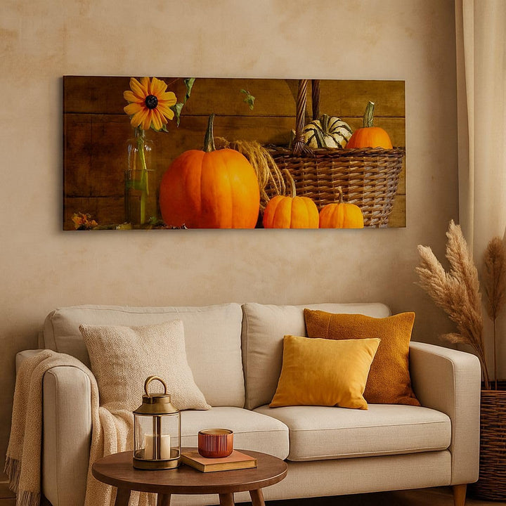 Wandbilder Dekoration Wohnzimmer Herbst Folk Tradition Kürbisse Panorama Bilder auf Leinwand 120x50c