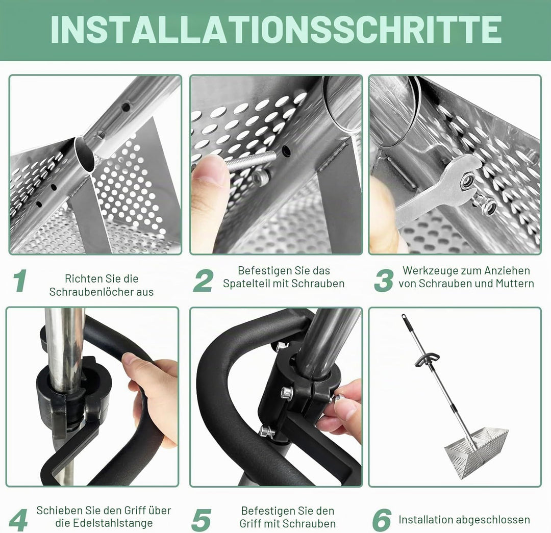 Sandflohharke, Sandsieb gross aus Edelstahl, Abnehmbarer 140 cm Langer Stiel Sand-Sieb mit rutschfes