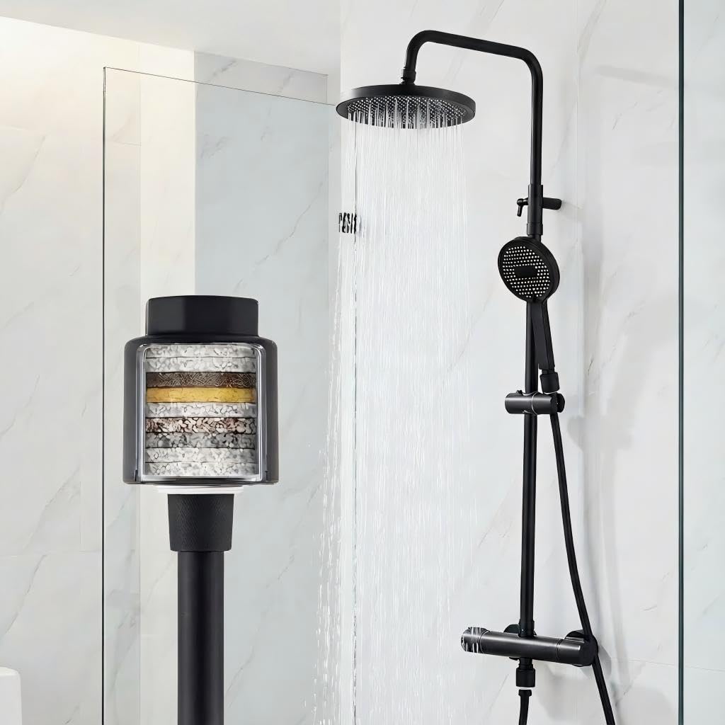 HOMELODY Duschsystem mit Thermostat Schwarz, Duscharmatur Komplettset mit Filter, 25cm Kopfbrause Re
