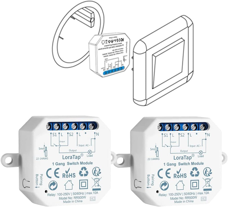 LoraTap 2er Pack Wifi Schalter Relais Modul 4.0 (vorhandener Schalter bleibt erhalten) Smart Home Sw