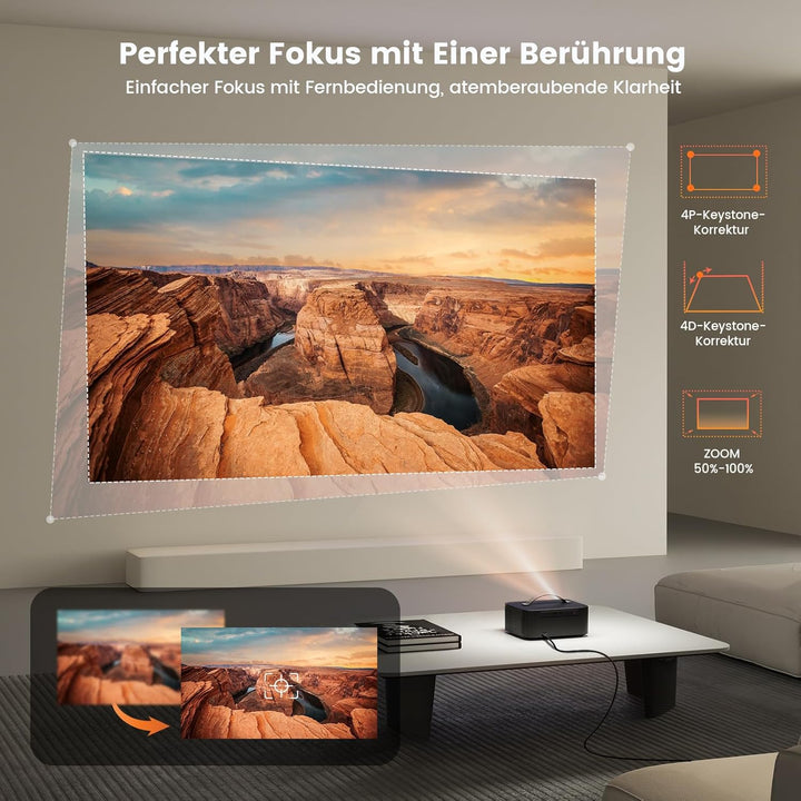Beamer 4K【Official Netflix & Dolby Audio】 26000LM Remote Focus/6D Trapezkorrektur WiFi6 Bluetooth Sm