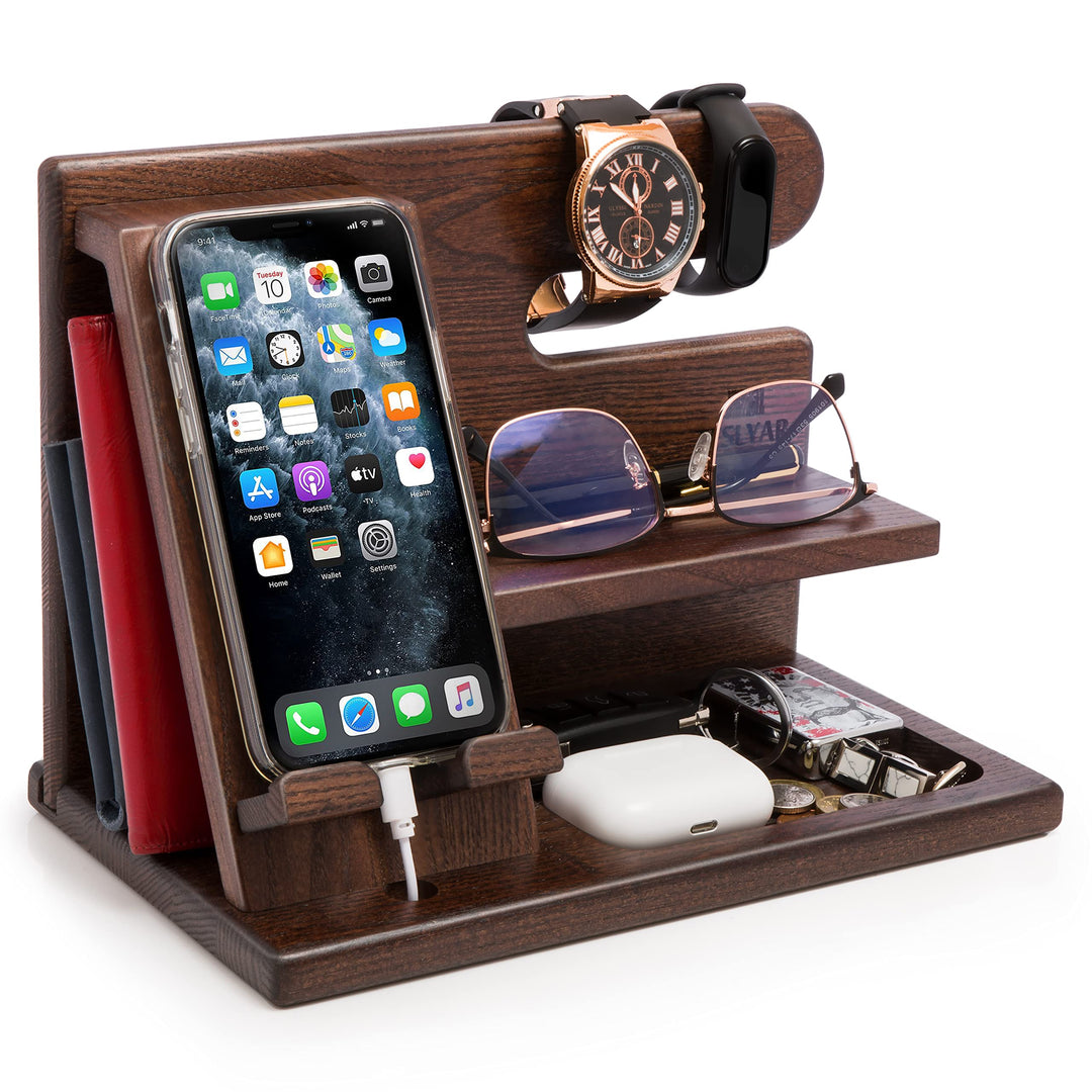 TESLYAR Holz Telefon Dockingstation Männer - Schreibtisch Organizer Holz, Handy & Schlüssel Organize