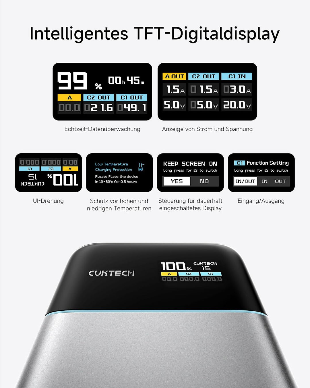 CUKTECH 15 Air 15000mAh Power Bank, Gesamt 100W Powerbank mit digitalem Display und Schnellladefunkt