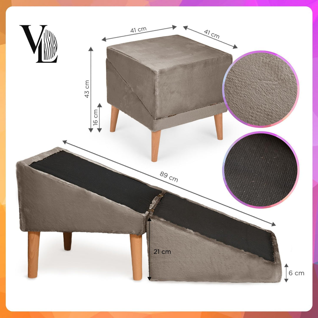VELORA H&amp;L Hunderampe Hellbraun - 2in1 Hundetreppe und Sitzhocker, Klappbare Einstiegshilfe für Sofa