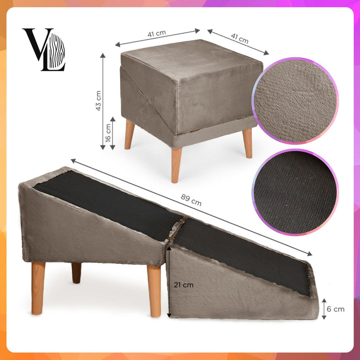 VELORA H&amp;L Hunderampe Hellbraun - 2in1 Hundetreppe und Sitzhocker, Klappbare Einstiegshilfe für Sofa