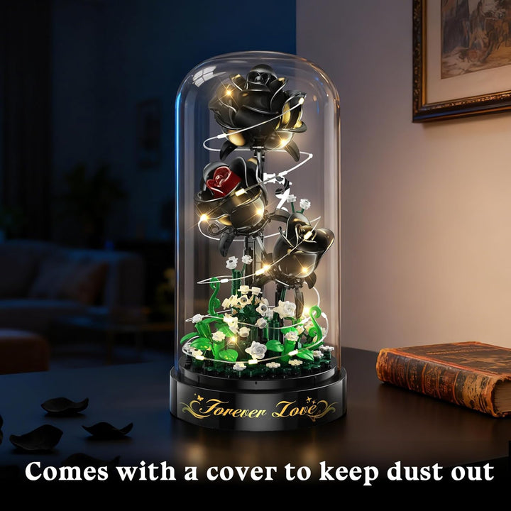 Blumen Rosen Bausatz mit LED Licht, 232 Teile Schwarzer Rosenstrauss, 3.6MM Blumenstrauss Baustein S