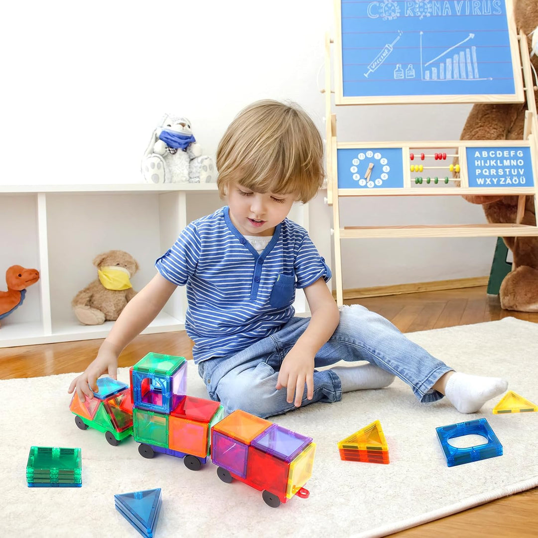 Magnetische Bauklötze Expansion Auto - 4 Grüne und gelbe magnetische Fliesen Auto Set Babyspielzeug,