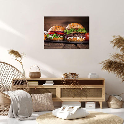 Bilder auf Leinwand Amerikaner Hamburger Essen Barbecue Leinwandbild 70x50cm Wandbilder Dekoration W