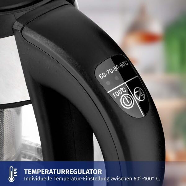 Wasserkocher 1,8L mit Temperatureinstellung 60°C bis 100°C | aus hochwertigem Borosilikatglas | BPA-