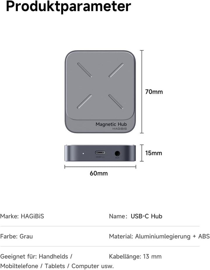 Hagibis Magnetischer USB C Hub mit Magsafe für iPhone 16 15 Pro Max, 7 in 1 Type-C Dockingstation 4K