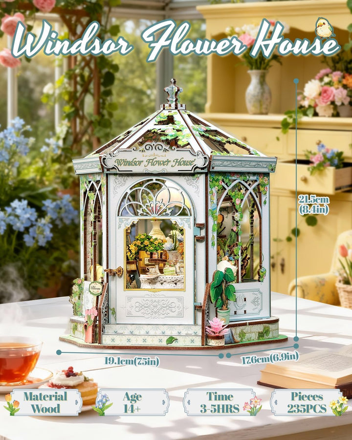 CUTEBEE Europäisch-Retro 3D-Puzzle Book Nook Puppenhaus-Set, eleganter Wintergarten mit Afternoon-Te