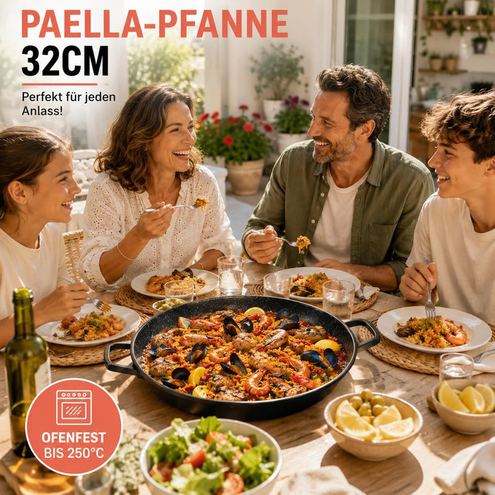 ROYAL SWISS Paella Pfanne 32 cm Schwarz, Aluminiumguss Paellera mit Marmor Antihaftbeschichtung, Ind