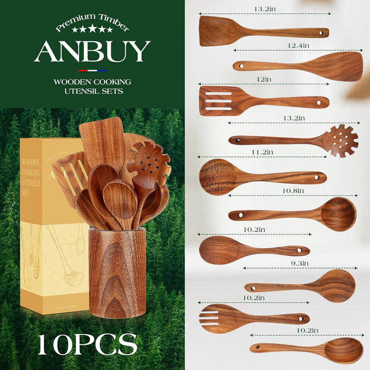 ANBUY Teakholz-Küchenutensilien-Set, hochbeständige Holzlöffel zum Kochen, antihaftbeschichtet, Koch