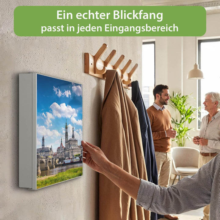 banjado® Grosser Schlüsselkasten Glas/Schlüsselbox 30cm x 30cm mit 50 Haken - Motiv Elbflorenz/Schlü