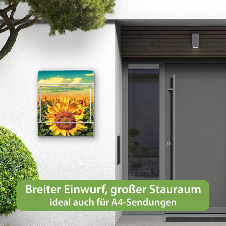 banjado® Design Briefkasten mit Motiv Sonnenblumen 39x47x14cm &amp; 2 Schlüssel - Briefkasten Stahl weis