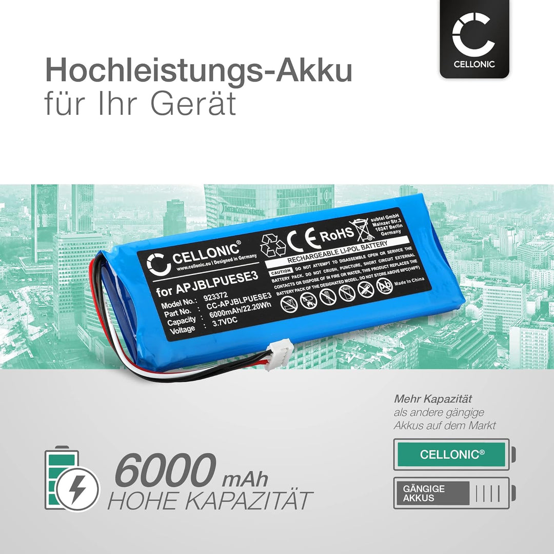 CELLONIC, Lautsprecherakku kompatibel mit JBL Pulse 3 (6000mAh, 3.7V) Ersatzakku P5542100-P,2017DJ17