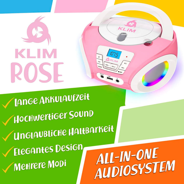 KLIM Candy Kids CD Player für Kinder - NEU - UKW-Radio - Inklusive Batterien - Rosa - Boombox tragba