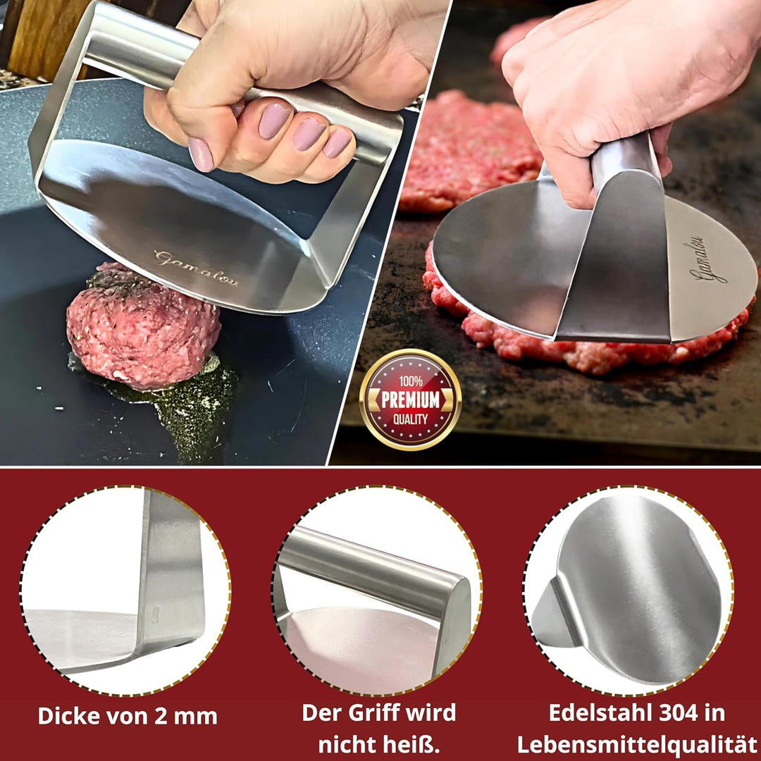Smash Burgerpresse Edelstahl Set: Burger Smasher mit Grillspachtel 13 cm, Schaber 10 cm, 2 Burgerglo