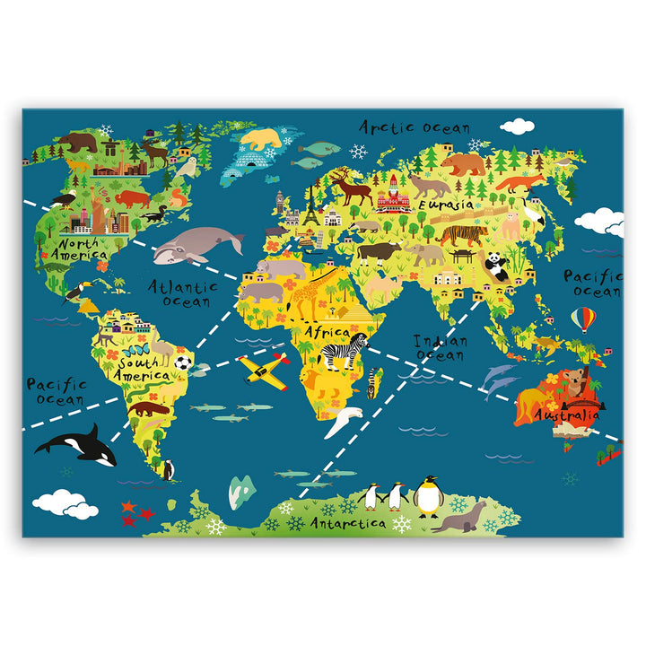 ge Bildet Bild auf Leinwand | Weltkarte für Kinder - Dunkelblau in 100x70 cm als Wandbild | Wand-dek
