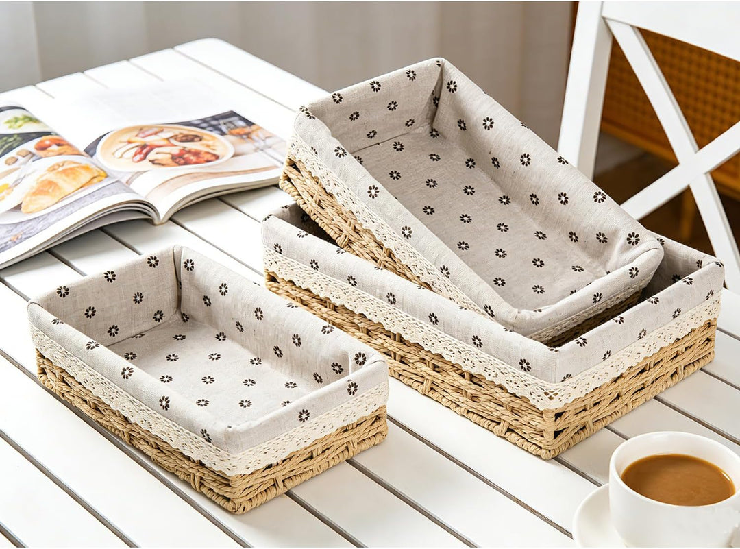 Gross Brotkorb 3er Set (35,31,27CM) Eckige Brotkörbchen aus Seegras, Geflochtener Korb mit Baumwolle