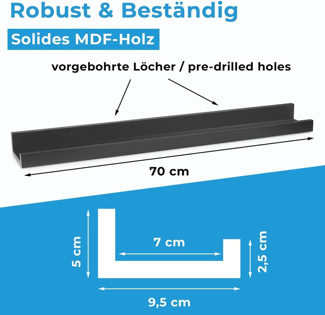PHOTOLINI Wandregal stabiles MDF-Holz schwarz 70 cm, Schweberegal, 2er Set, modernes Design, Bilderl
