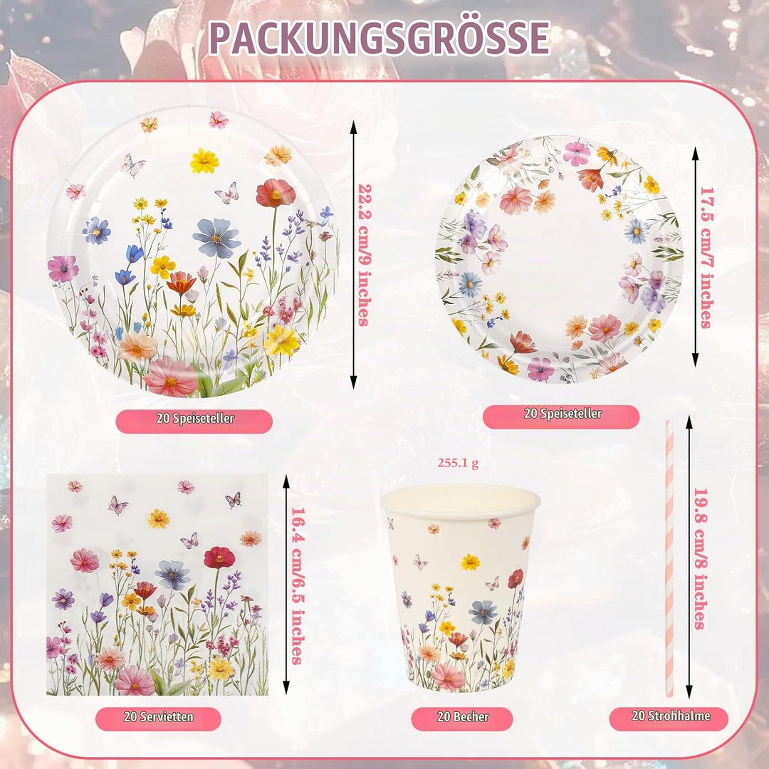 Aitsite 100 Stück Frische Blumen Partygeschirr Set, Blumen Partyteller Geburtstag für 20 Gäste, Fris