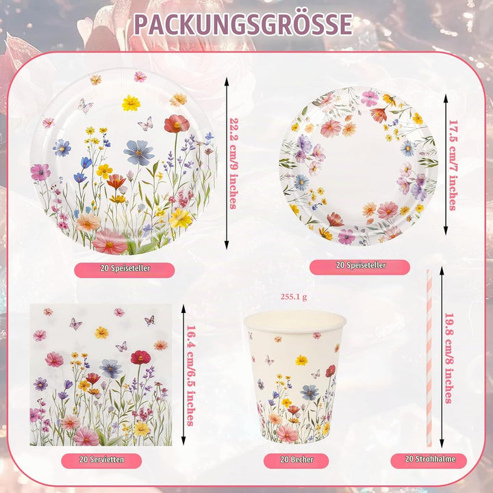 Aitsite 100 Stück Frische Blumen Partygeschirr Set, Blumen Partyteller Geburtstag für 20 Gäste, Fris