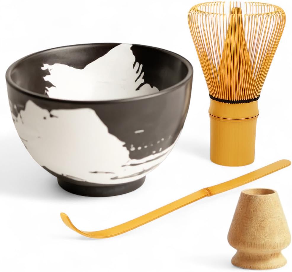Matcha Set 4 tlg. Original japanische Schale mit Besen & Löffel Edo Japan Geschenkverpackung mit Mat