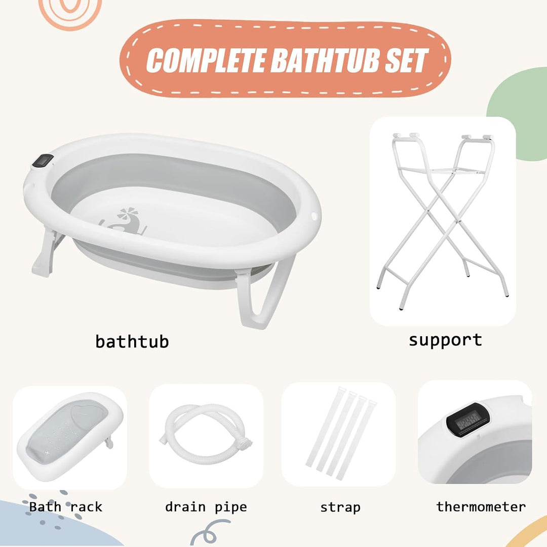 Faltbare Babybadewanne XXL mit Ständer, Sitz und Entwässerungssystem, 0-3 Jahre, 2-in-1 Babybadewann